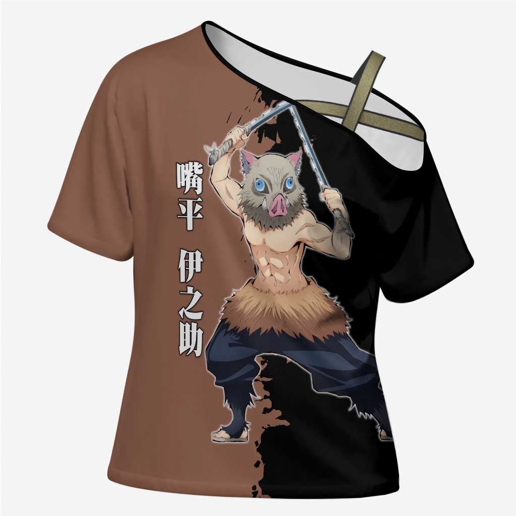 Inosuke Hashibira from Demon Slayer Cross Shoulder Shirt with Boar Mask and Dual Swords Battle Pose - The Mazicc