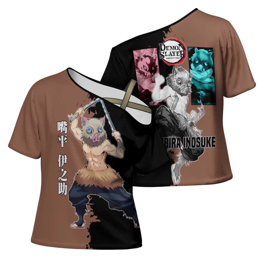 Inosuke Hashibira from Demon Slayer Cross Shoulder Shirt with Boar Mask and Dual Swords Battle Pose - The Mazicc