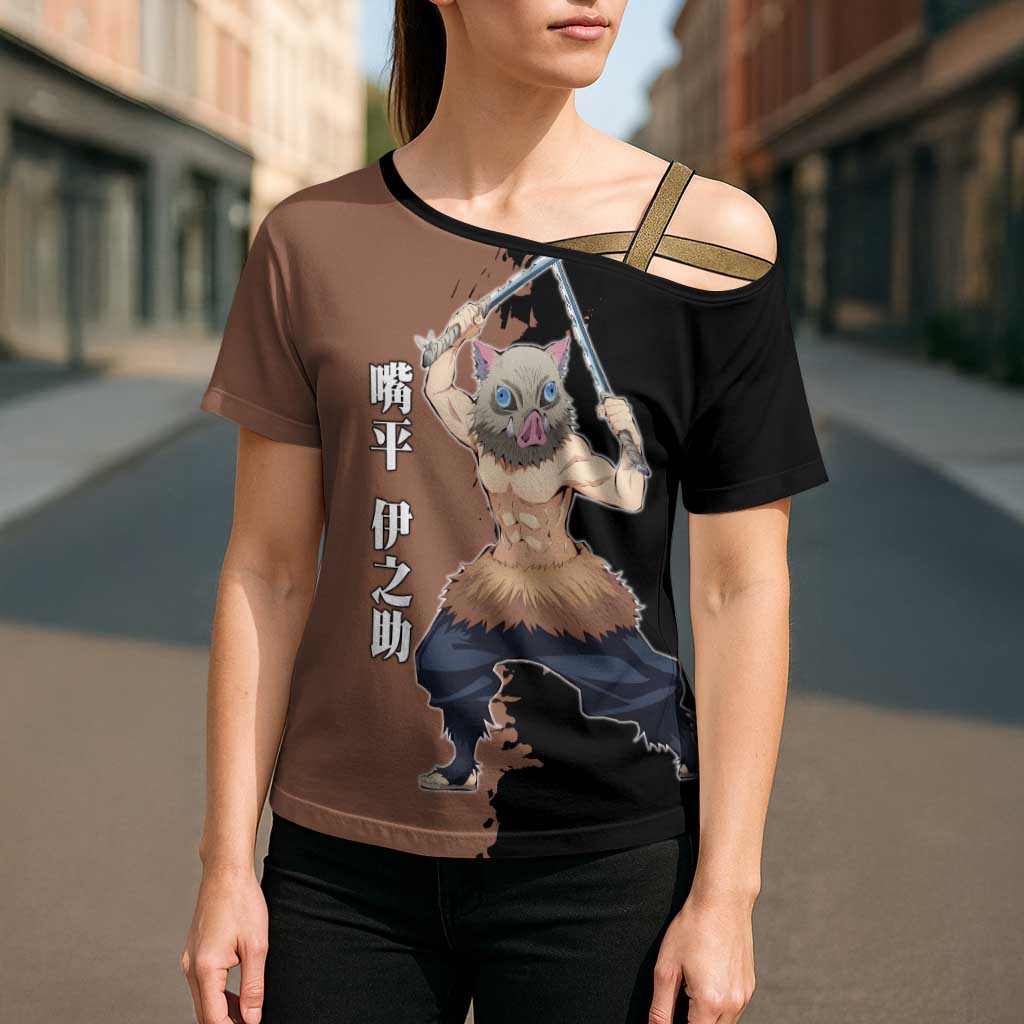 Inosuke Hashibira from Demon Slayer Cross Shoulder Shirt with Boar Mask and Dual Swords Battle Pose - The Mazicc