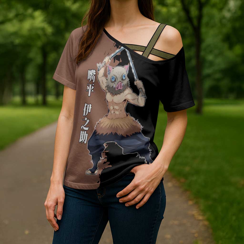 Inosuke Hashibira from Demon Slayer Cross Shoulder Shirt with Boar Mask and Dual Swords Battle Pose - The Mazicc