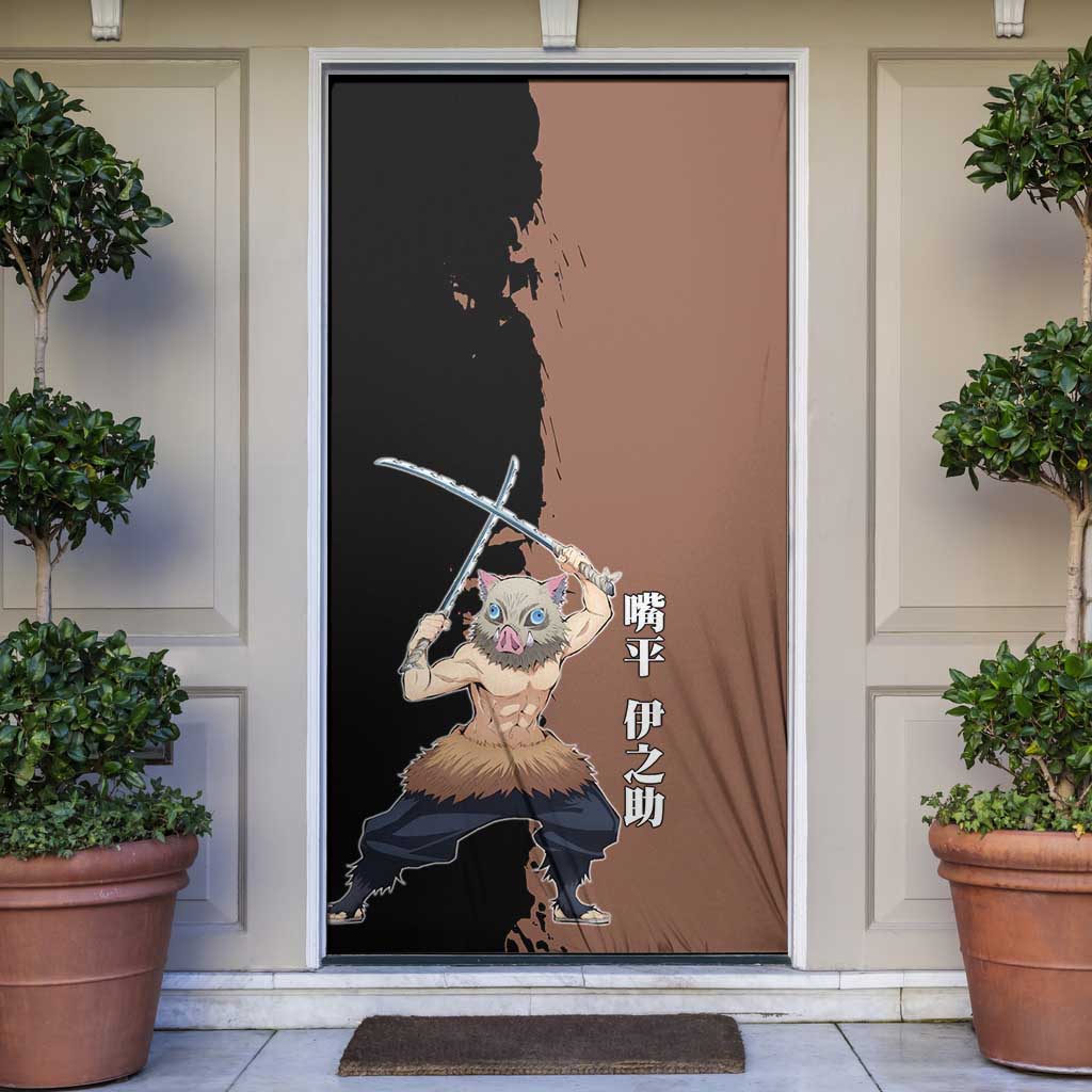 Inosuke Hashibira from Demon Slayer Door Cover with Boar Mask and Dual Swords Battle Pose - The Mazicc