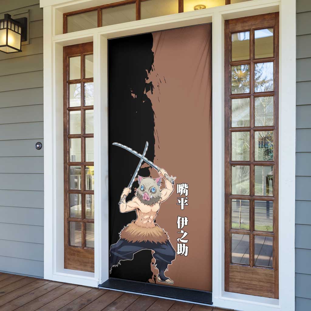 Inosuke Hashibira from Demon Slayer Door Cover with Boar Mask and Dual Swords Battle Pose - The Mazicc