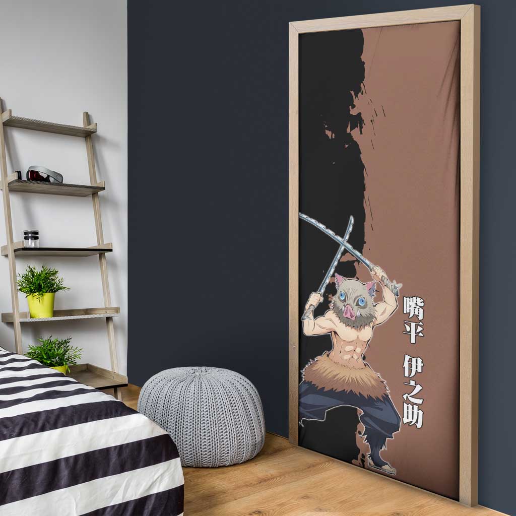 Inosuke Hashibira from Demon Slayer Door Cover with Boar Mask and Dual Swords Battle Pose - The Mazicc