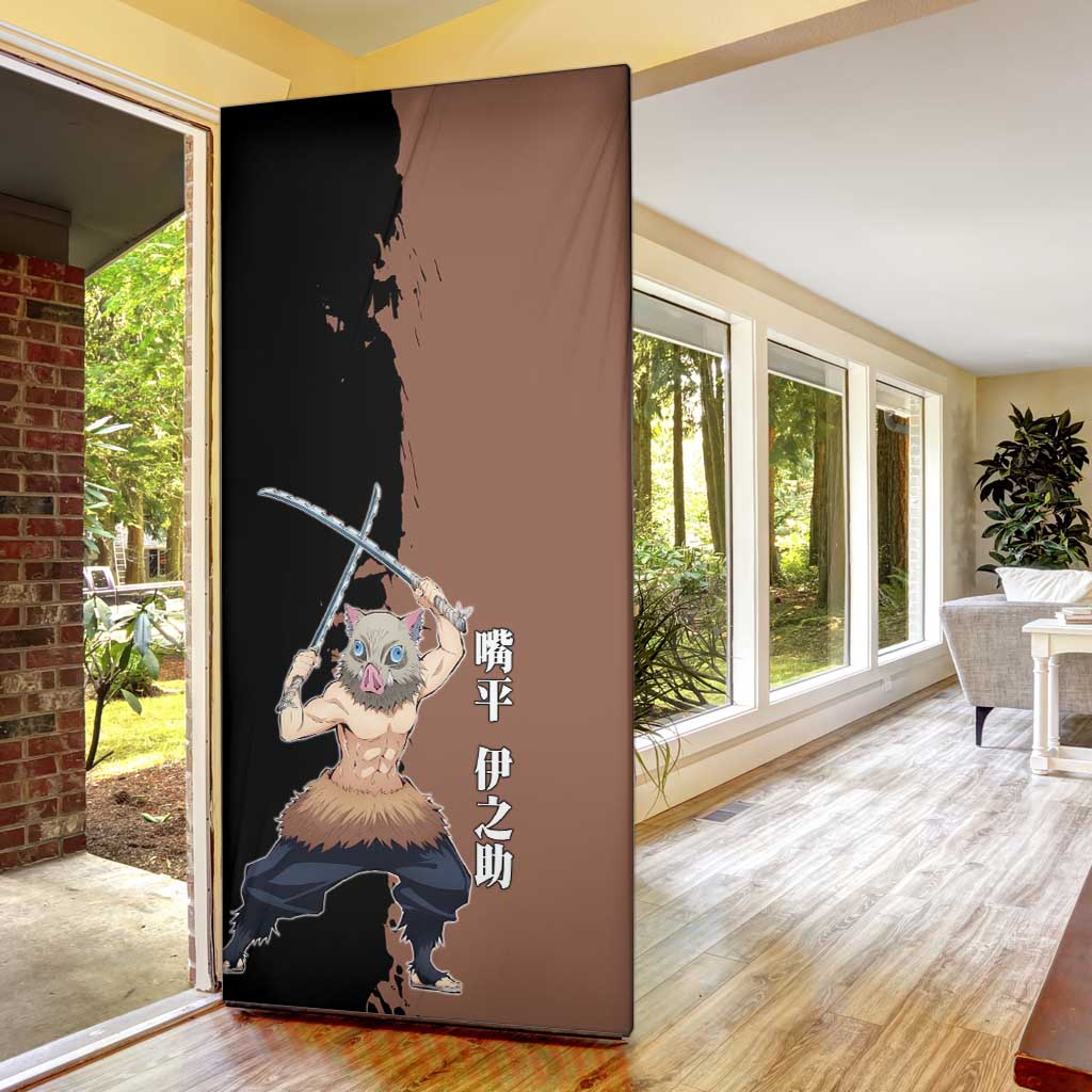 Inosuke Hashibira from Demon Slayer Door Cover with Boar Mask and Dual Swords Battle Pose - The Mazicc