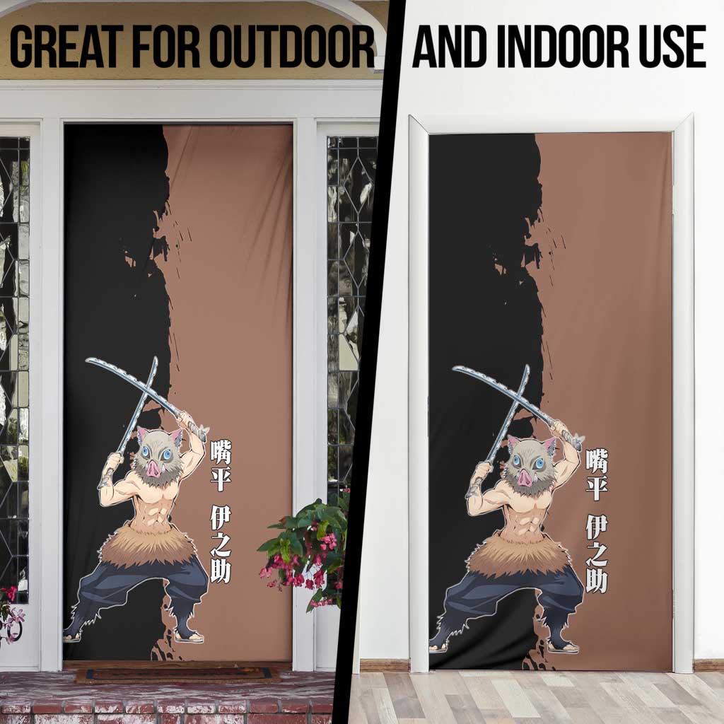Inosuke Hashibira from Demon Slayer Door Cover with Boar Mask and Dual Swords Battle Pose - The Mazicc