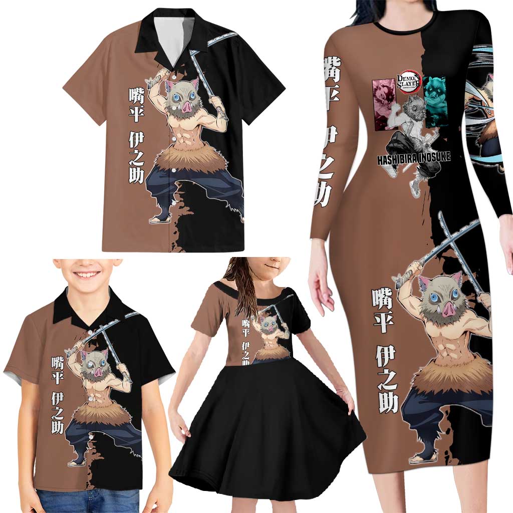 Inosuke Hashibira from Demon Slayer Family Matching Long Sleeve Bodycon Dress and Hawaiian Shirt with Boar Mask and Dual Swords Battle Pose - The Mazicc