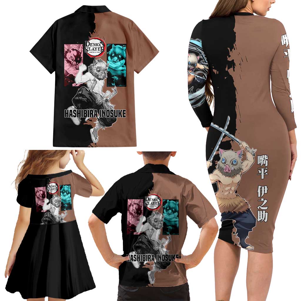 Inosuke Hashibira from Demon Slayer Family Matching Long Sleeve Bodycon Dress and Hawaiian Shirt with Boar Mask and Dual Swords Battle Pose - The Mazicc
