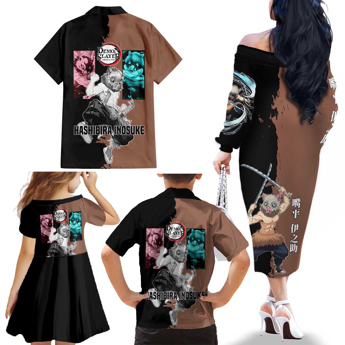 Inosuke Hashibira from Demon Slayer Family Matching Off The Shoulder Long Sleeve Dress and Hawaiian Shirt with Boar Mask and Dual Swords Battle Pose - The Mazicc
