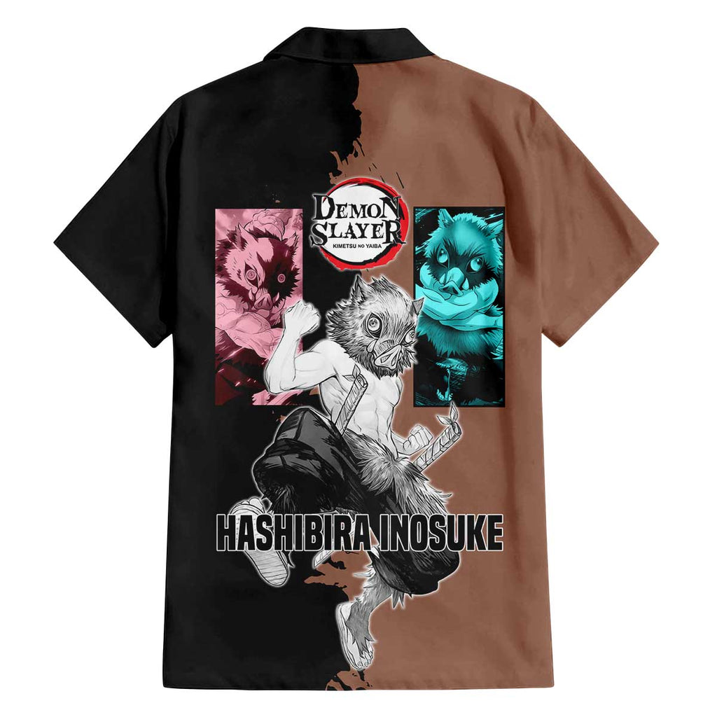Inosuke Hashibira from Demon Slayer Family Matching Off The Shoulder Long Sleeve Dress and Hawaiian Shirt with Boar Mask and Dual Swords Battle Pose - The Mazicc
