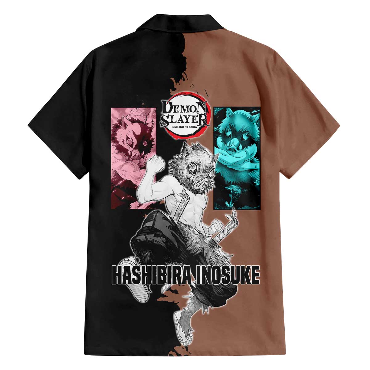 Inosuke Hashibira from Demon Slayer Family Matching Off The Shoulder Long Sleeve Dress and Hawaiian Shirt with Boar Mask and Dual Swords Battle Pose - The Mazicc