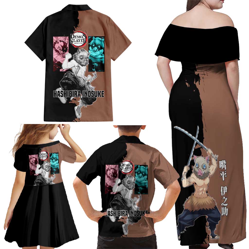 Inosuke Hashibira from Demon Slayer Family Matching Off Shoulder Maxi Dress and Hawaiian Shirt with Boar Mask and Dual Swords Battle Pose - The Mazicc