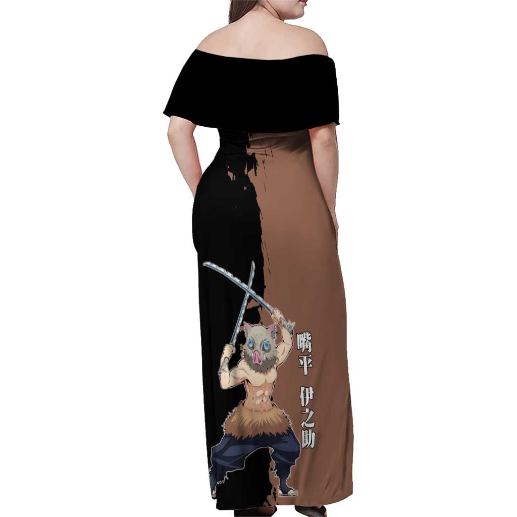 Inosuke Hashibira from Demon Slayer Family Matching Off Shoulder Maxi Dress and Hawaiian Shirt with Boar Mask and Dual Swords Battle Pose - The Mazicc