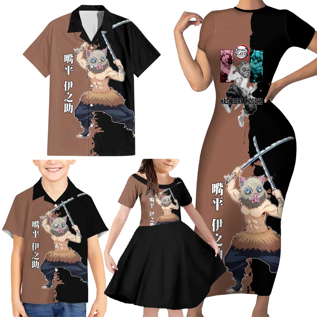 Inosuke Hashibira from Demon Slayer Family Matching Short Sleeve Bodycon Dress and Hawaiian Shirt with Boar Mask and Dual Swords Battle Pose - The Mazicc