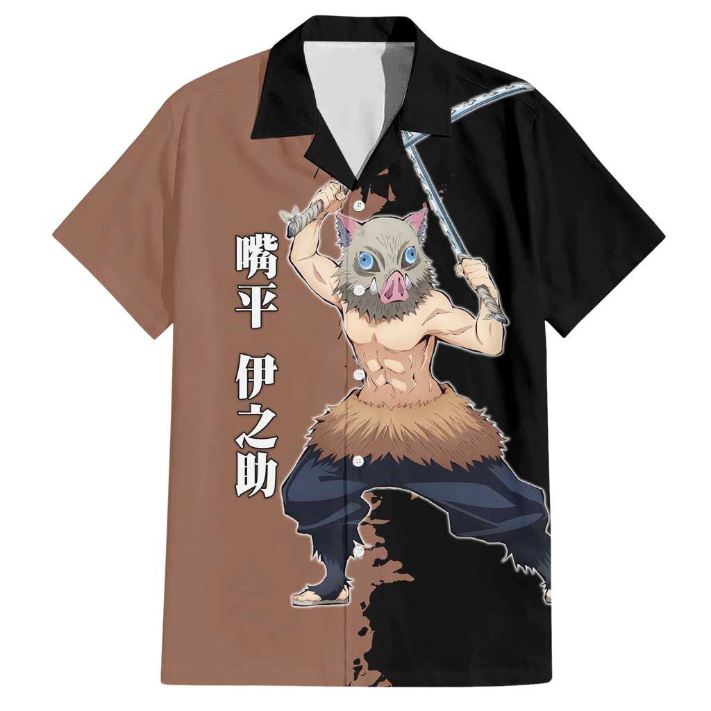 Inosuke Hashibira from Demon Slayer Family Matching Short Sleeve Bodycon Dress and Hawaiian Shirt with Boar Mask and Dual Swords Battle Pose - The Mazicc