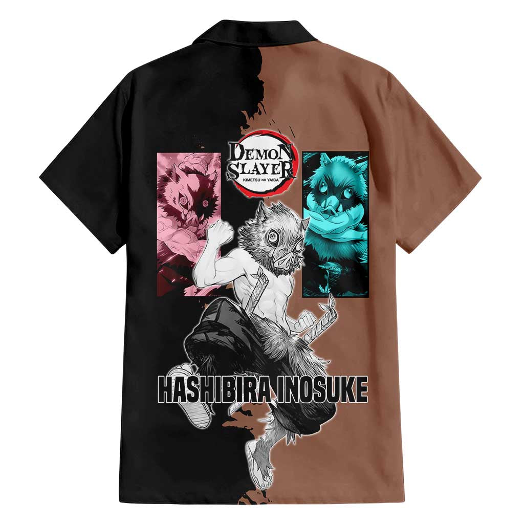 Inosuke Hashibira from Demon Slayer Family Matching Short Sleeve Bodycon Dress and Hawaiian Shirt with Boar Mask and Dual Swords Battle Pose - The Mazicc