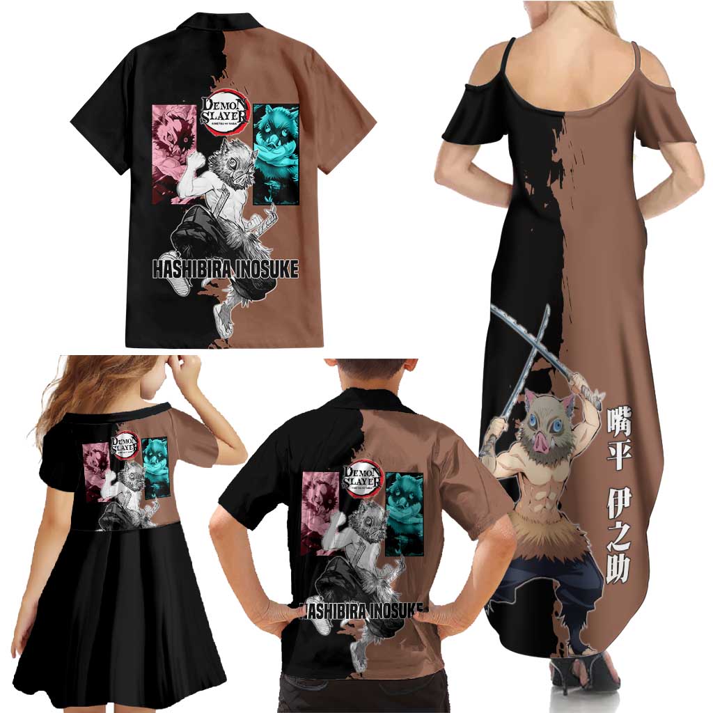 Inosuke Hashibira from Demon Slayer Family Matching Summer Maxi Dress and Hawaiian Shirt with Boar Mask and Dual Swords Battle Pose - The Mazicc