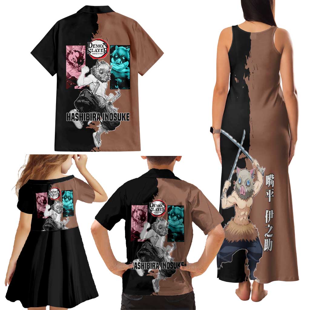 Inosuke Hashibira from Demon Slayer Family Matching Tank Maxi Dress and Hawaiian Shirt with Boar Mask and Dual Swords Battle Pose - The Mazicc