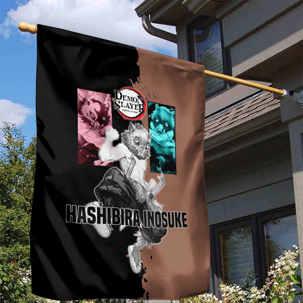 Inosuke Hashibira from Demon Slayer Garden Flag with Boar Mask and Dual Swords Battle Pose - The Mazicc