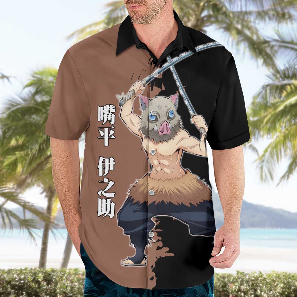 Inosuke Hashibira from Demon Slayer Hawaiian Shirt with Boar Mask and Dual Swords Battle Pose - The Mazicc