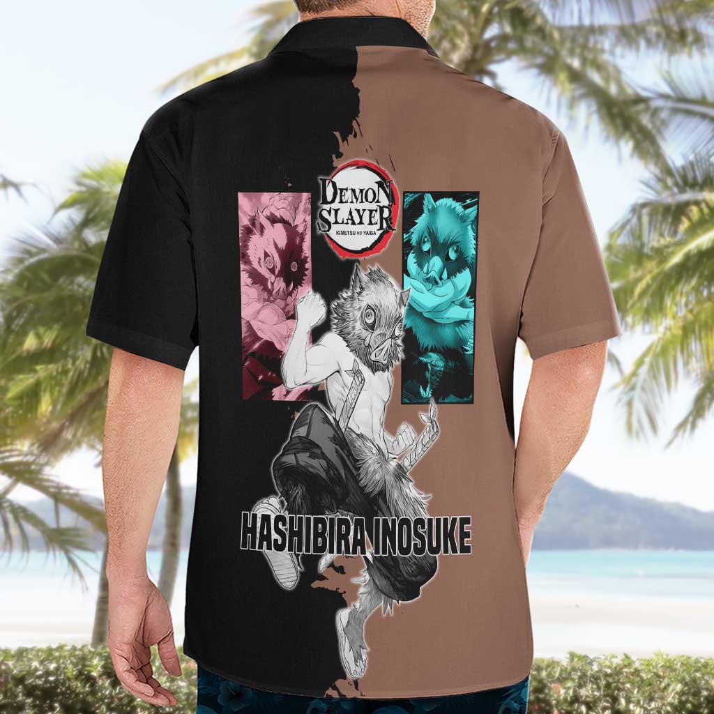 Inosuke Hashibira from Demon Slayer Hawaiian Shirt with Boar Mask and Dual Swords Battle Pose - The Mazicc