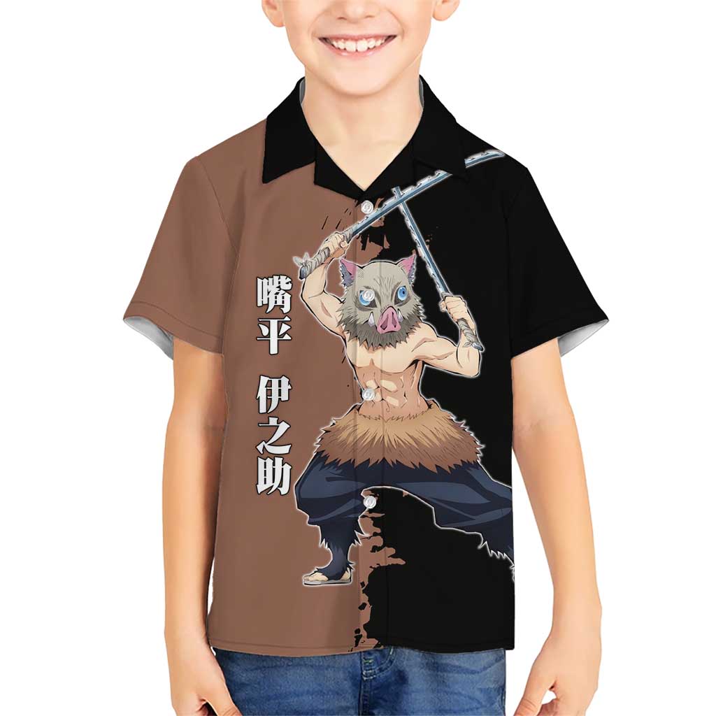 Inosuke Hashibira from Demon Slayer Hawaiian Shirt with Boar Mask and Dual Swords Battle Pose - The Mazicc