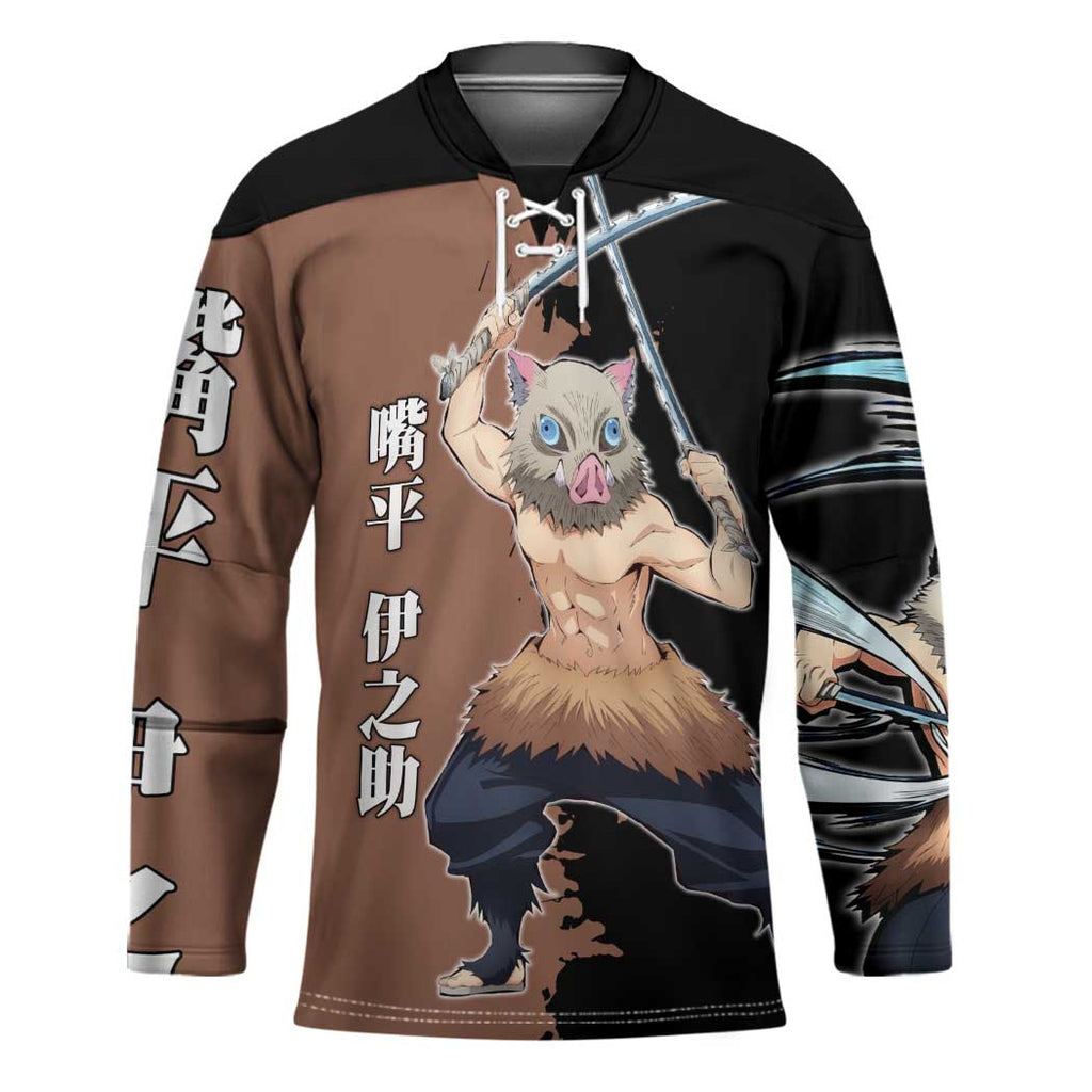 Inosuke Hashibira from Demon Slayer Hockey Jersey with Boar Mask and Dual Swords Battle Pose - The Mazicc