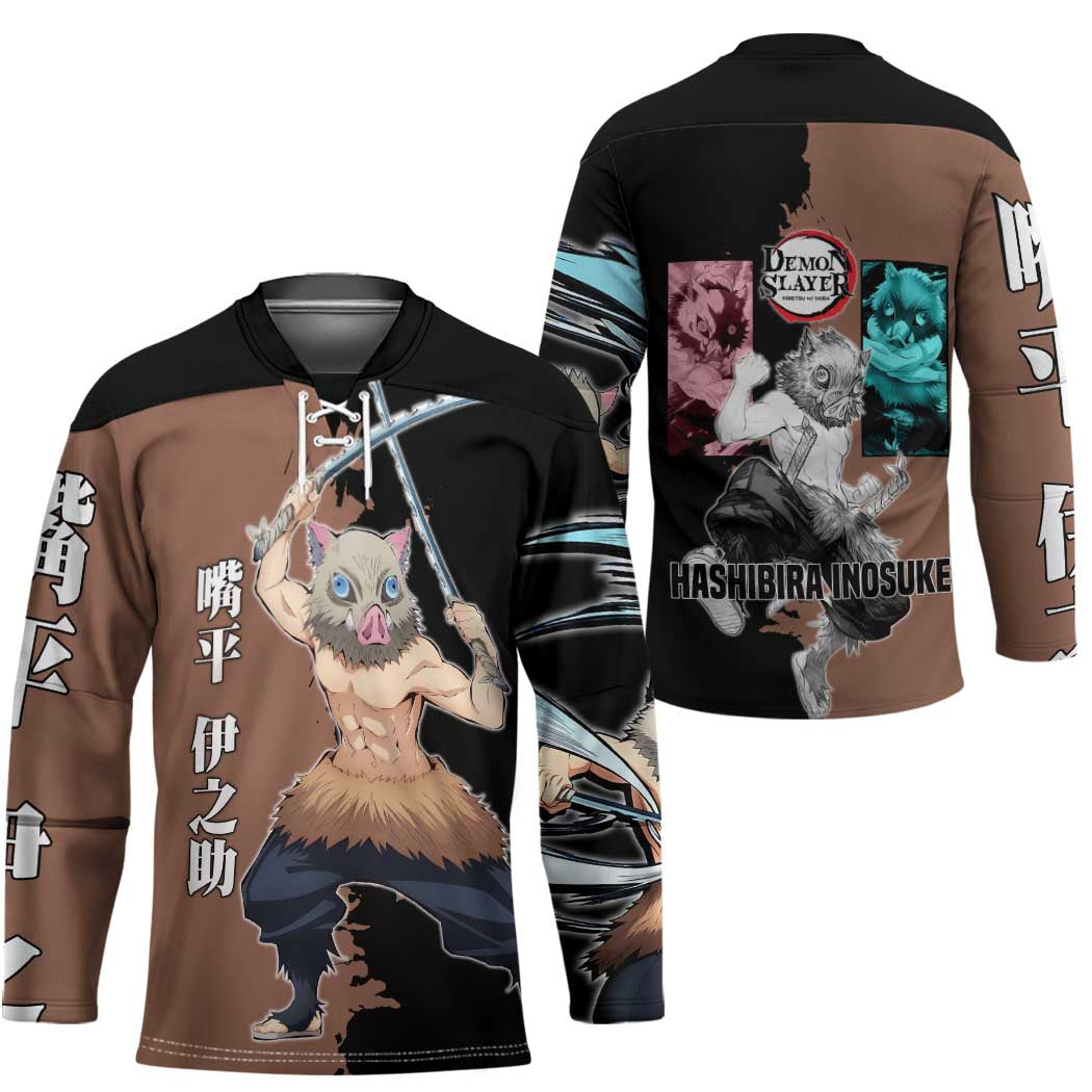 Inosuke Hashibira from Demon Slayer Hockey Jersey with Boar Mask and Dual Swords Battle Pose - The Mazicc