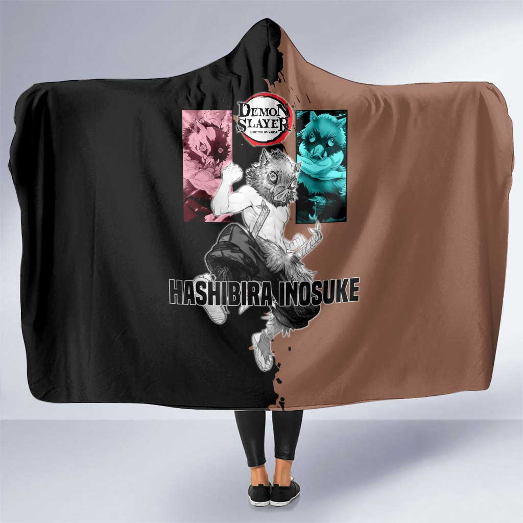 Inosuke Hashibira from Demon Slayer Hooded Blanket with Boar Mask and Dual Swords Battle Pose - The Mazicc