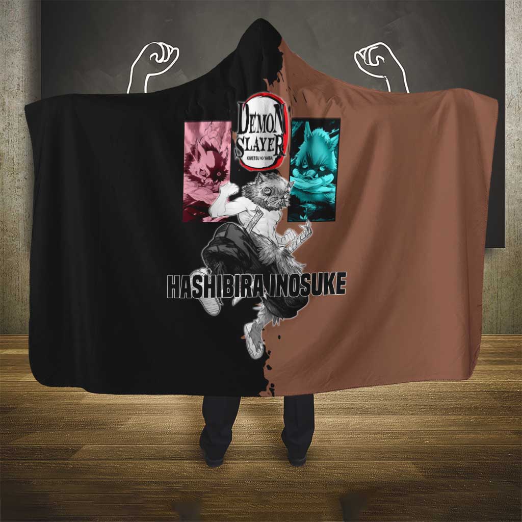 Inosuke Hashibira from Demon Slayer Hooded Blanket with Boar Mask and Dual Swords Battle Pose - The Mazicc