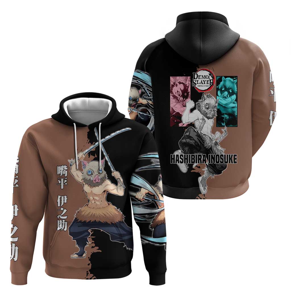 Inosuke Hashibira from Demon Slayer Hoodie with Boar Mask and Dual Swords Battle Pose - The Mazicc