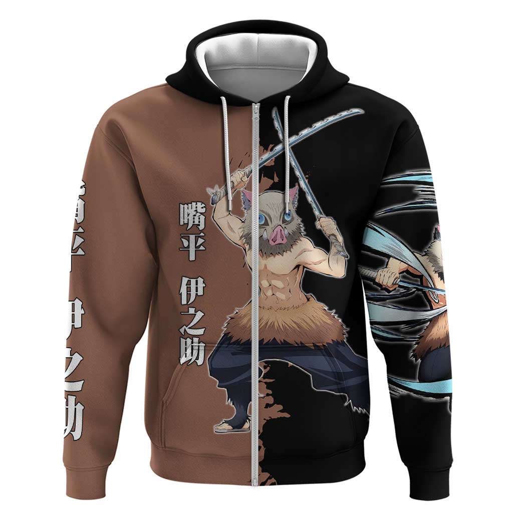 Inosuke Hashibira from Demon Slayer Hoodie with Boar Mask and Dual Swords Battle Pose - The Mazicc