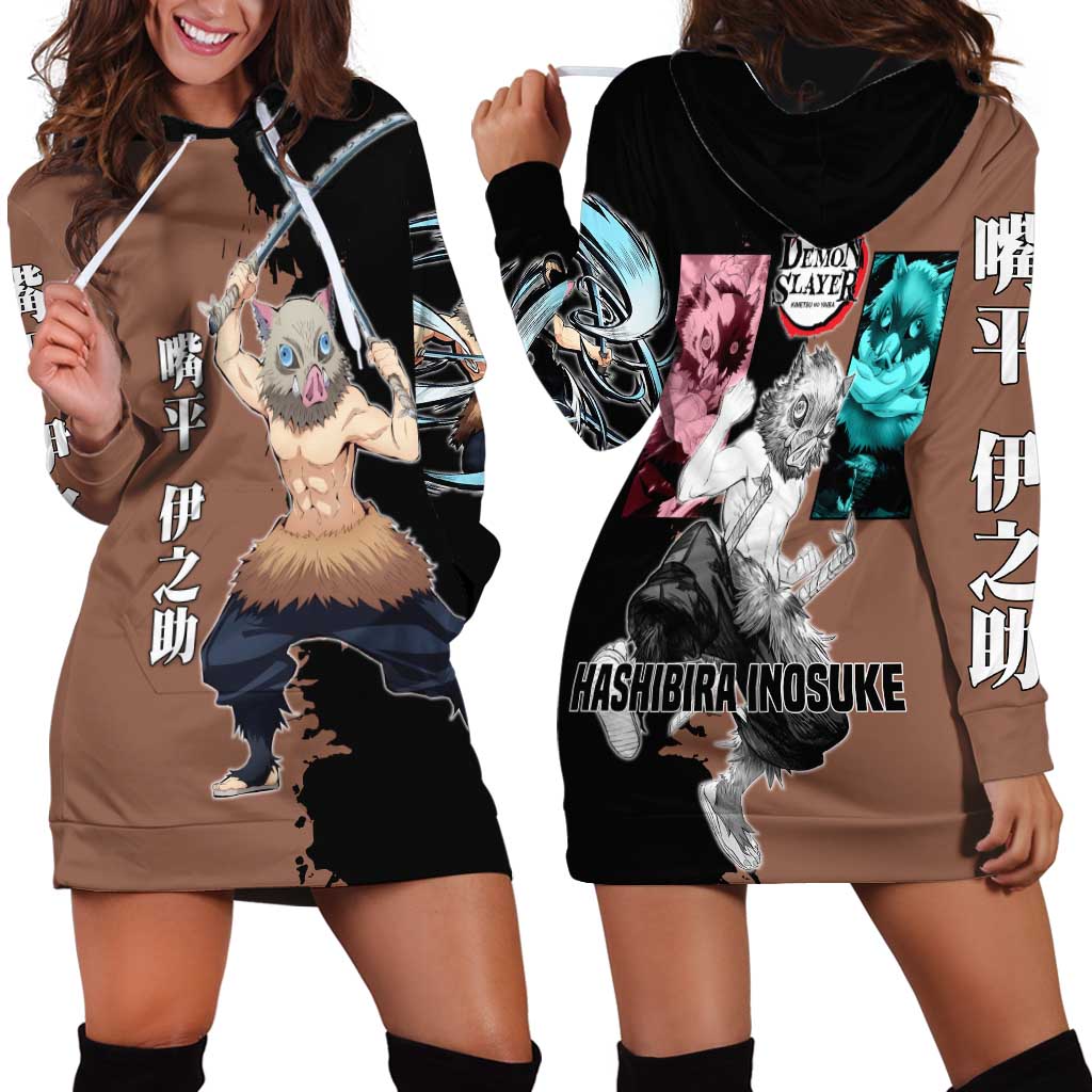 Inosuke Hashibira from Demon Slayer Hoodie Dress with Boar Mask and Dual Swords Battle Pose - The Mazicc