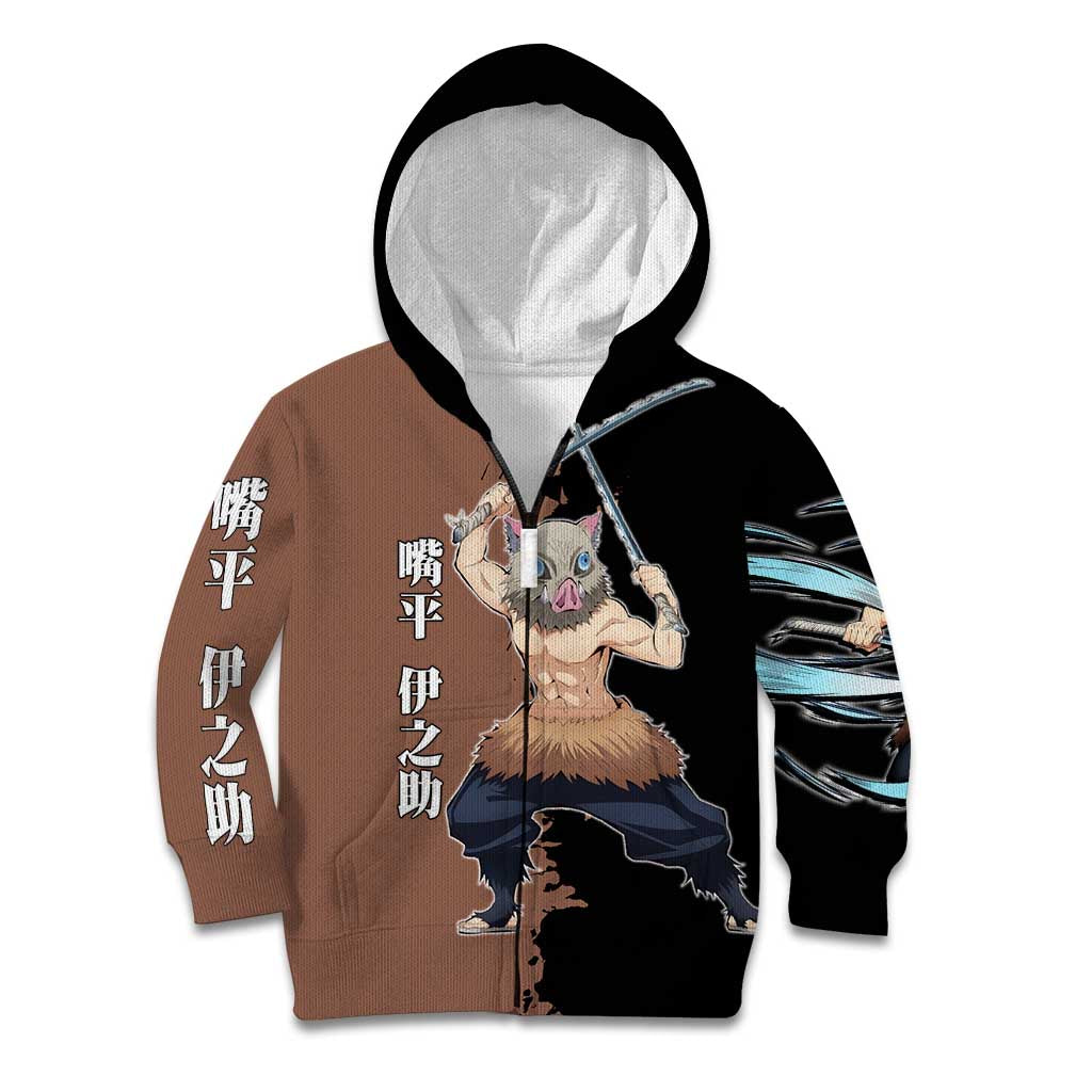 Inosuke Hashibira from Demon Slayer Kid Hoodie with Boar Mask and Dual Swords Battle Pose - The Mazicc