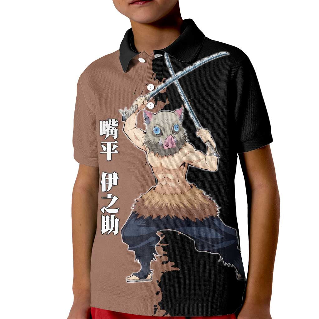 Inosuke Hashibira from Demon Slayer Kid Polo Shirt with Boar Mask and Dual Swords Battle Pose - The Mazicc