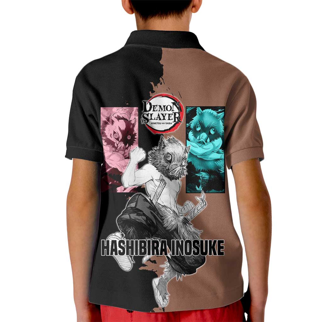 Inosuke Hashibira from Demon Slayer Kid Polo Shirt with Boar Mask and Dual Swords Battle Pose - The Mazicc