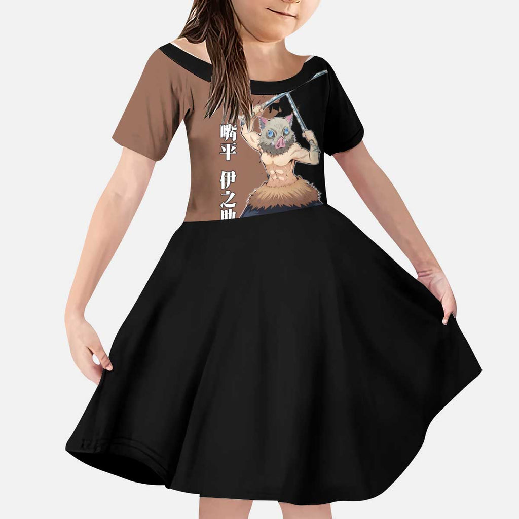 Inosuke Hashibira from Demon Slayer Kid Short Sleeve Dress with Boar Mask and Dual Swords Battle Pose - The Mazicc