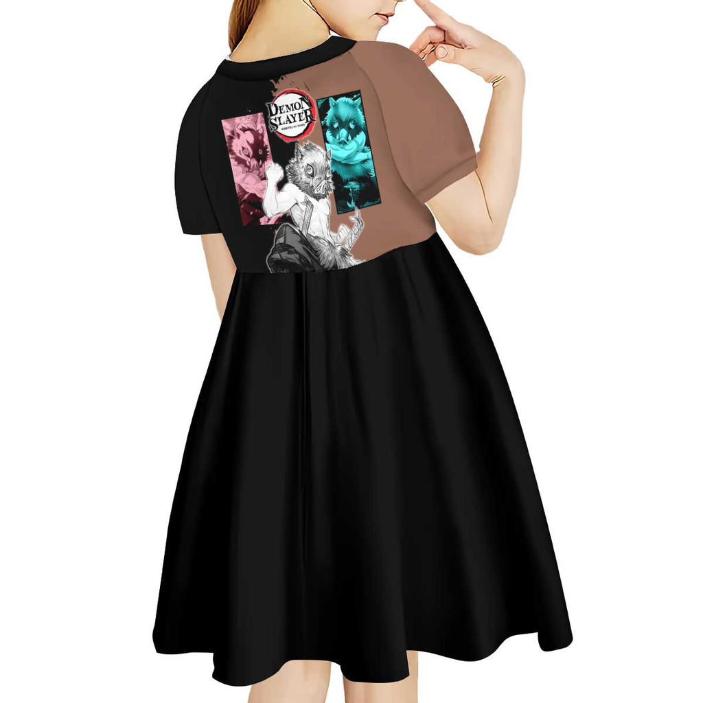 Inosuke Hashibira from Demon Slayer Kid Short Sleeve Dress with Boar Mask and Dual Swords Battle Pose - The Mazicc