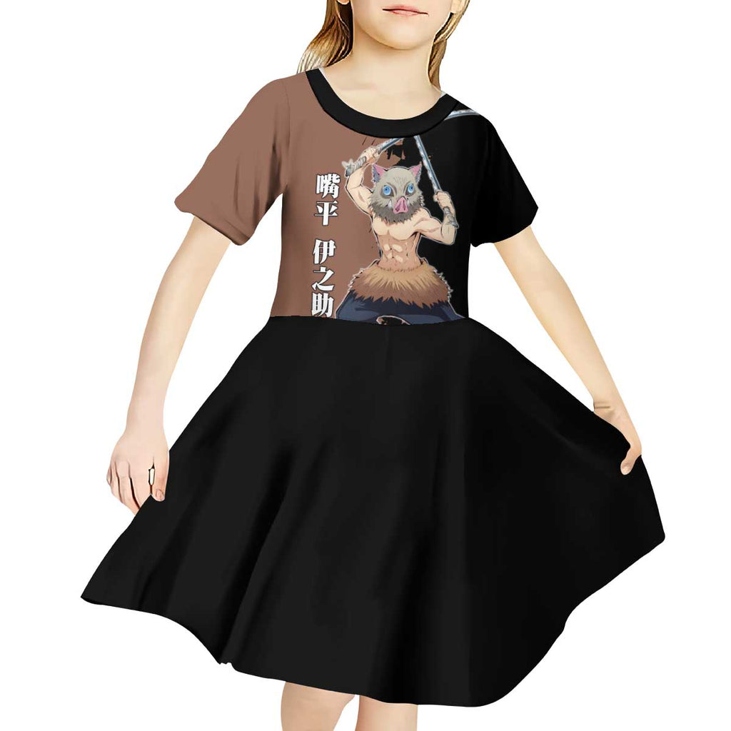 Inosuke Hashibira from Demon Slayer Kid Short Sleeve Dress with Boar Mask and Dual Swords Battle Pose - The Mazicc