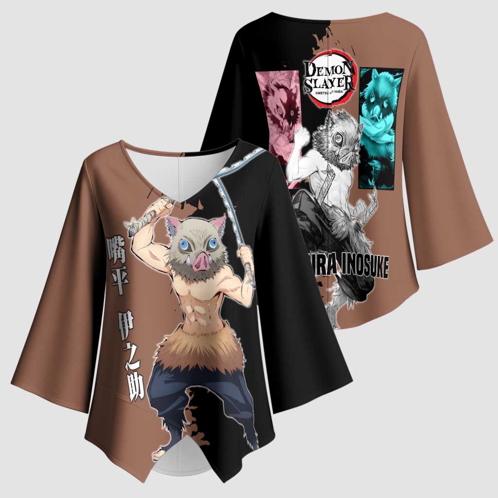 Inosuke Hashibira from Demon Slayer Kimono Sleeve Blouse with Boar Mask and Dual Swords Battle Pose - The Mazicc