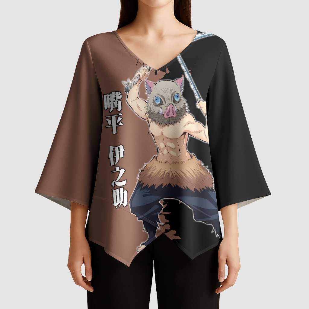 Inosuke Hashibira from Demon Slayer Kimono Sleeve Blouse with Boar Mask and Dual Swords Battle Pose - The Mazicc