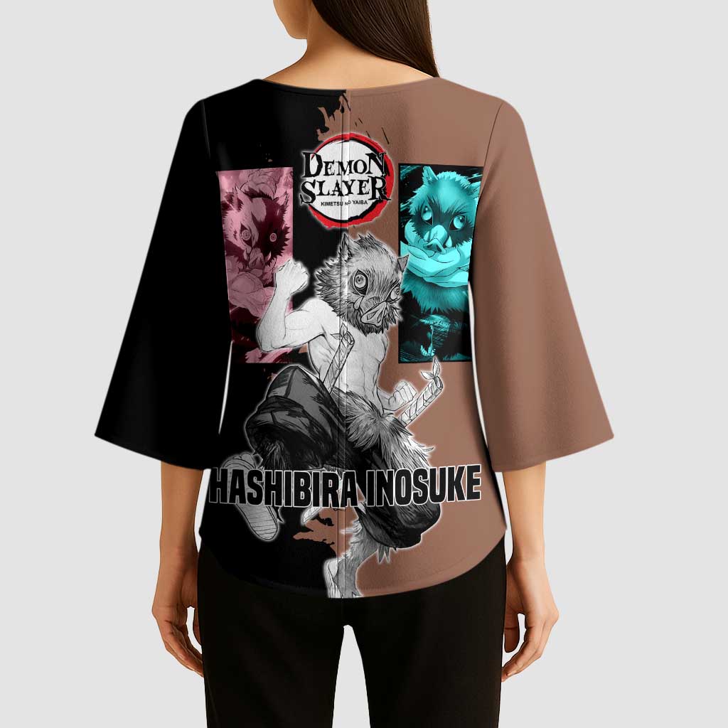 Inosuke Hashibira from Demon Slayer Kimono Sleeve Blouse with Boar Mask and Dual Swords Battle Pose - The Mazicc