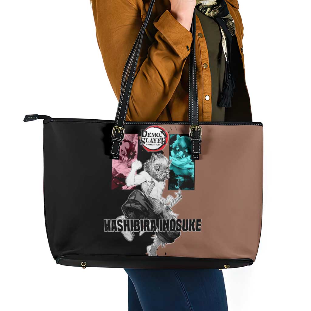 Inosuke Hashibira from Demon Slayer Leather Tote Bag with Boar Mask and Dual Swords Battle Pose - The Mazicc