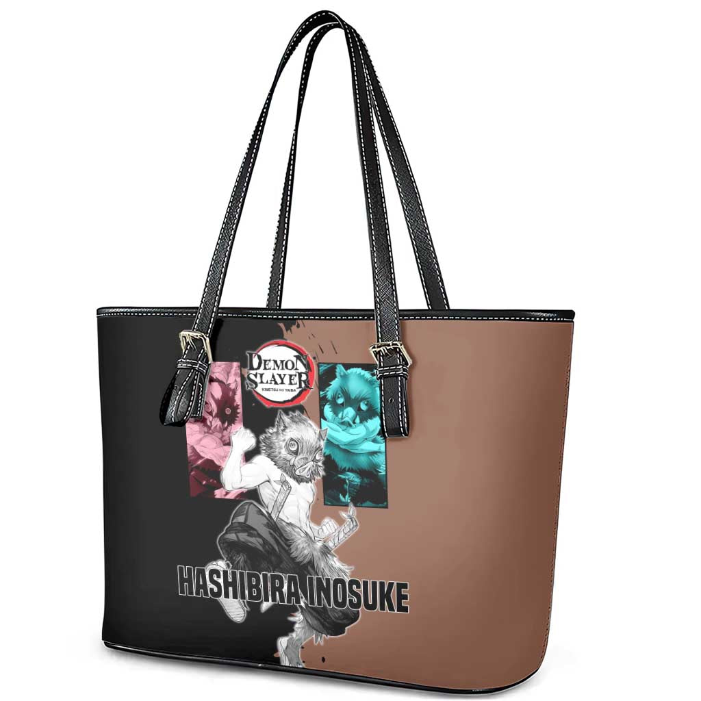 Inosuke Hashibira from Demon Slayer Leather Tote Bag with Boar Mask and Dual Swords Battle Pose - The Mazicc