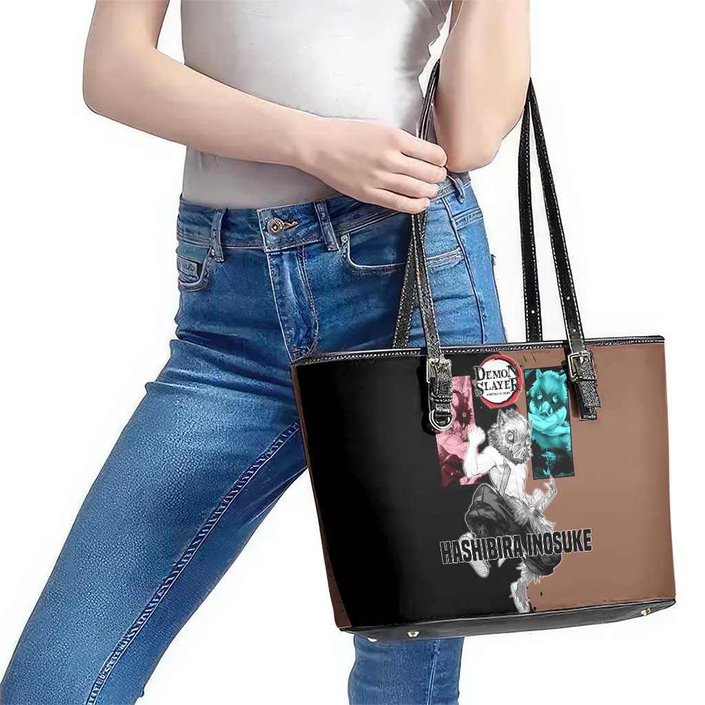 Inosuke Hashibira from Demon Slayer Leather Tote Bag with Boar Mask and Dual Swords Battle Pose - The Mazicc