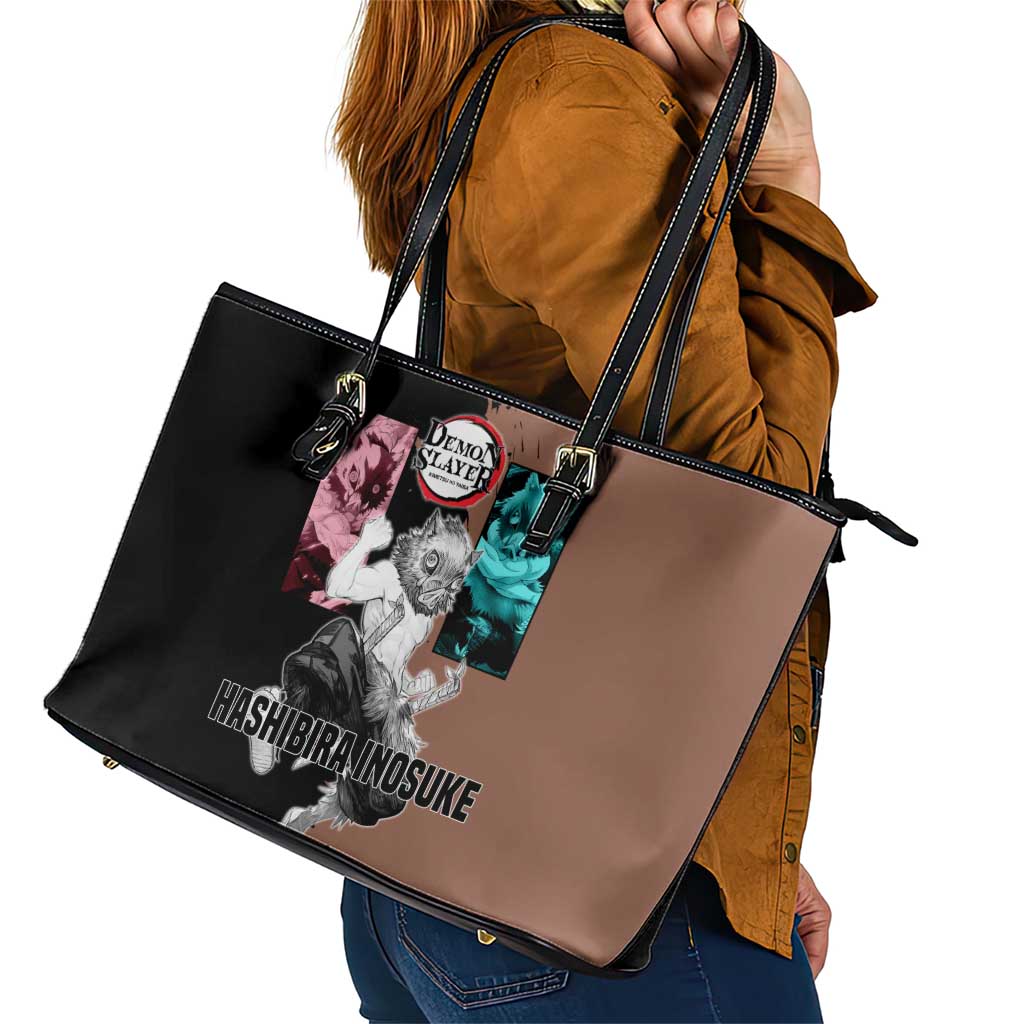 Inosuke Hashibira from Demon Slayer Leather Tote Bag with Boar Mask and Dual Swords Battle Pose - The Mazicc
