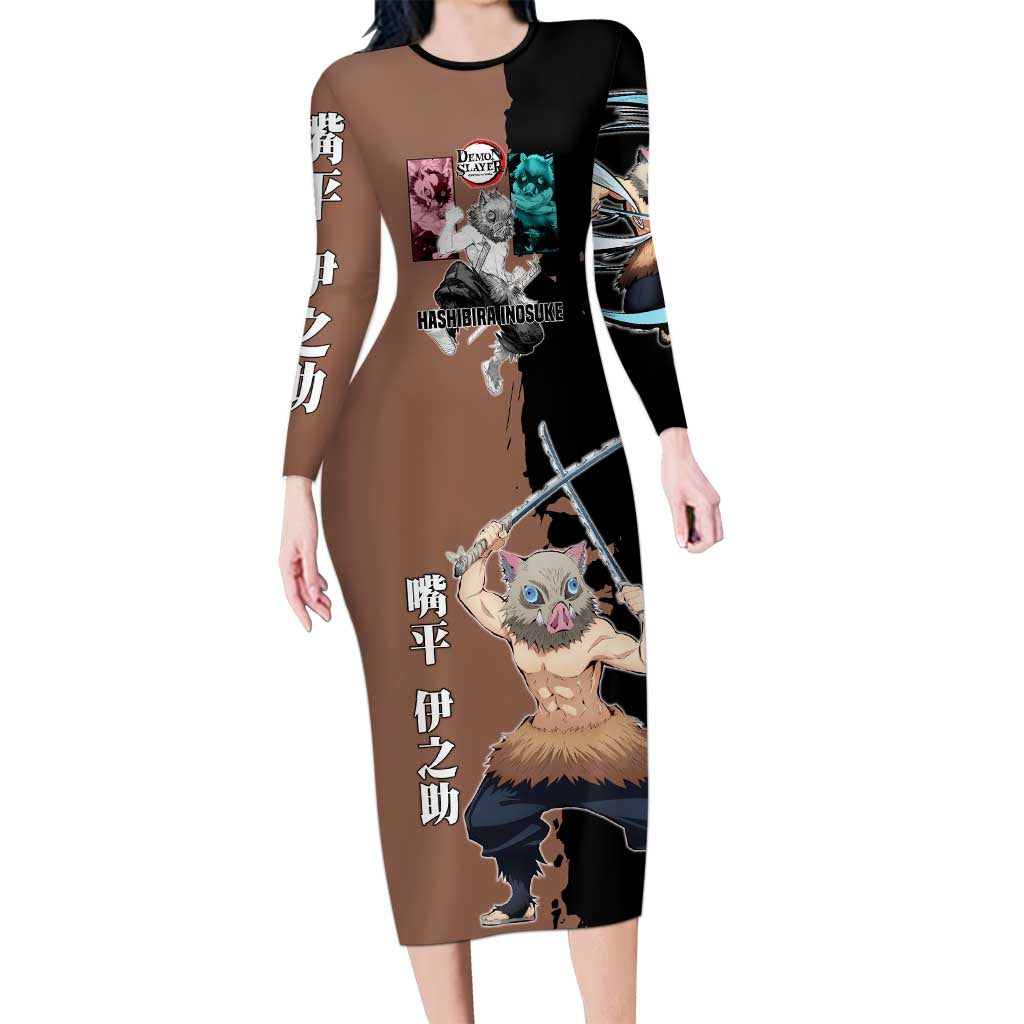 Inosuke Hashibira from Demon Slayer Long Sleeve Bodycon Dress with Boar Mask and Dual Swords Battle Pose - The Mazicc