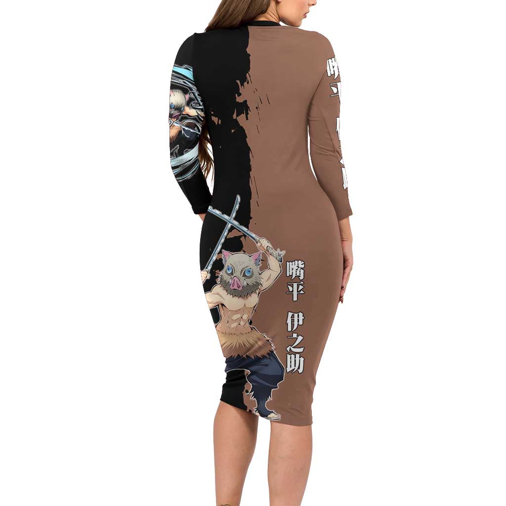 Inosuke Hashibira from Demon Slayer Long Sleeve Bodycon Dress with Boar Mask and Dual Swords Battle Pose - The Mazicc