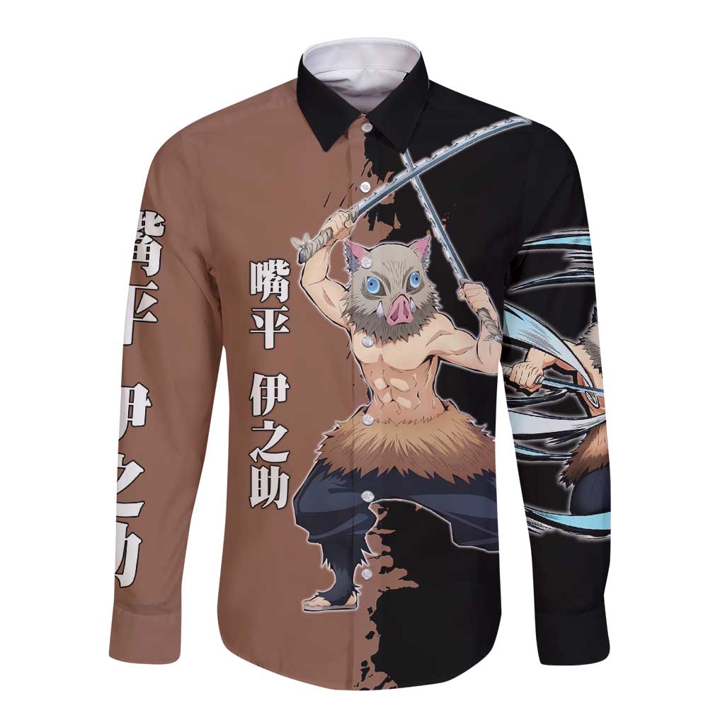 Inosuke Hashibira from Demon Slayer Long Sleeve Button Shirt with Boar Mask and Dual Swords Battle Pose - The Mazicc