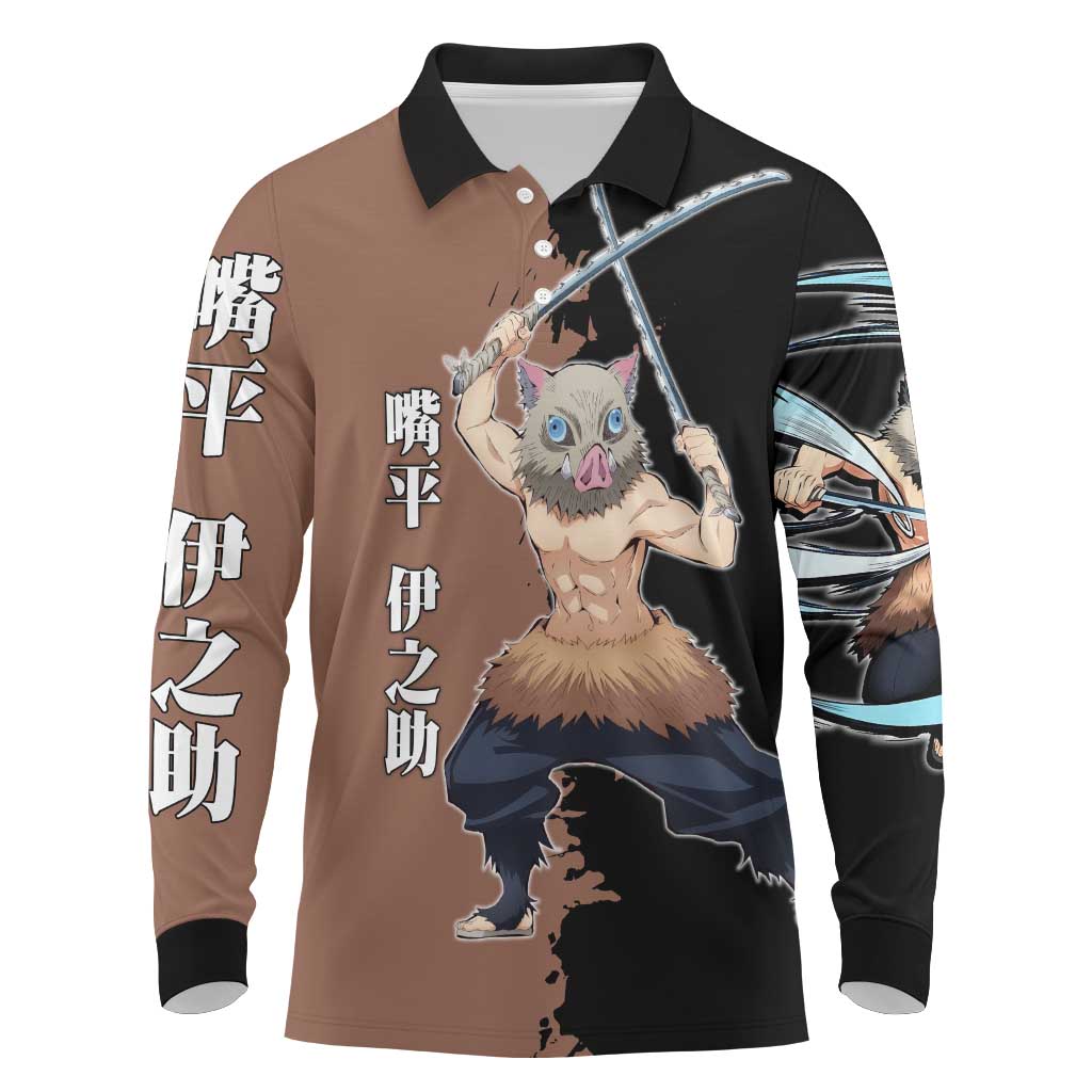 Inosuke Hashibira from Demon Slayer Long Sleeve Polo Shirt with Boar Mask and Dual Swords Battle Pose - The Mazicc