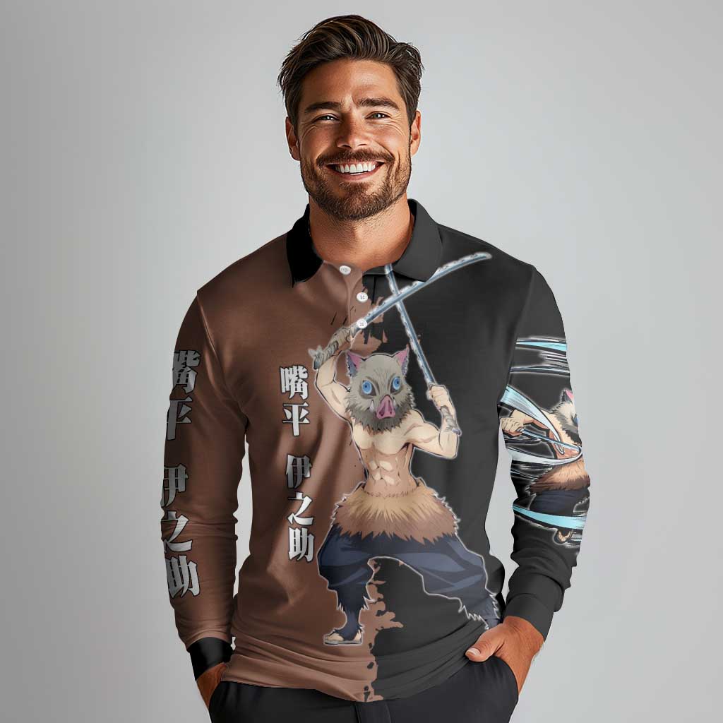 Inosuke Hashibira from Demon Slayer Long Sleeve Polo Shirt with Boar Mask and Dual Swords Battle Pose - The Mazicc